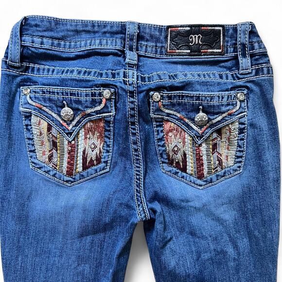 Miss Me Chloe Slim Boot Jeans Womens 27 Blue Embellished Pocket 32” Inseam - Picture 1 of 8